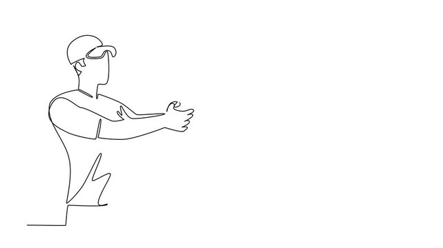 Animation of single line drawing of a man with cap raising an axe overhead with both hands, sports for international event, for International Axe Throwing Day celebrating leagues. Full length motion