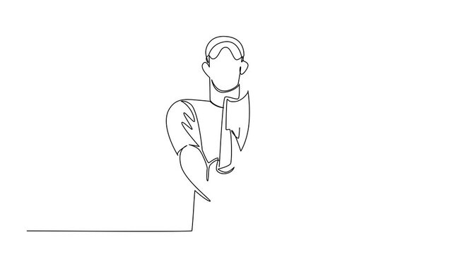 Animated self drawing of continuous line drawing of a man holding an axe upright in a centered stance, sports concept for international event, International Axe Throwing Day. Full length animation