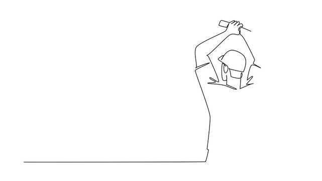 Self drawing animation of continuous line drawing of a man extending both arms ready to release an axe, sports concept for international event, International Axe Throwing Day. Full length animated