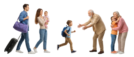 Happy Family Reuniting with Grandpa Before Traveling with Kids and Luggage Isolated transparent