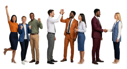 Diverse group of professionals exchanging high-fives and handshakes in a team celebration isolated