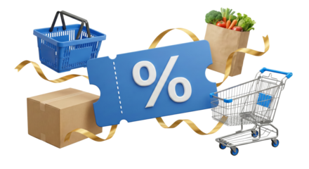 shopping discounts and deals with shopping baskets and grocery bags isolated on black background