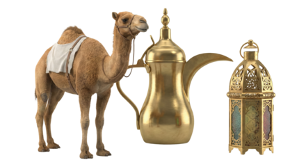 surreal camel with brass teapot and ornate lantern isolated on transparent background