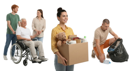 Supportive Caregiving Scene with Diverse Individuals Engaged in Community Assistance Activities