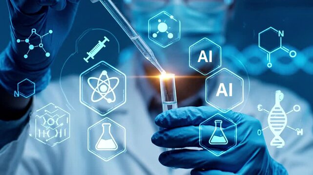 Scientist in a modern lab coat and gloves meticulously conducts a chemical experiment, pipetting liquid into a test tube. Futuristic AI interface graphics enhance the scene, symbolizing scientific...