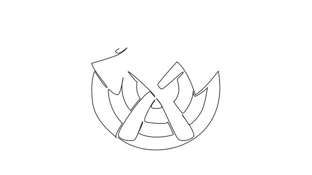 Animated self drawing of continuous line draw crossed axes layered on a round wooden target emblem with ring, sports international event, International Axe Throwing Day. Symbol. Full length animation
