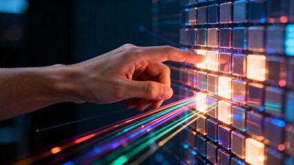 Hand interacting with illuminated digital grid