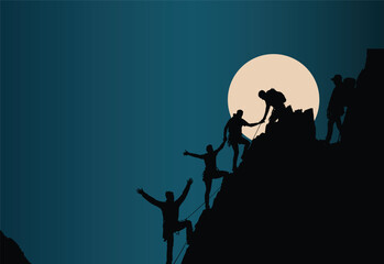 A group of people helping each other climb a mountain to reach the top at sunset silhouette