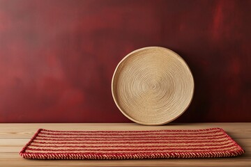 Woven placemat with red stripes on a wooden table, featuring a round straw tray and a red textured background