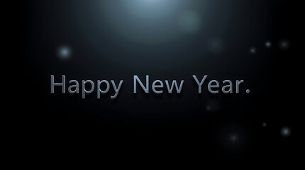 Minimalist Happy New Year greeting with metallic silver text on a dark background with subtle bokeh lights