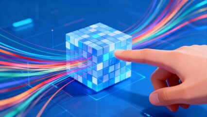 Hand touching glowing cube with colorful lines