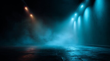 Empty dark street with asphalt floor, dark blue night scene, neon glow and spotlights, drifting smoke in studio room, cinematic urban background with copy space