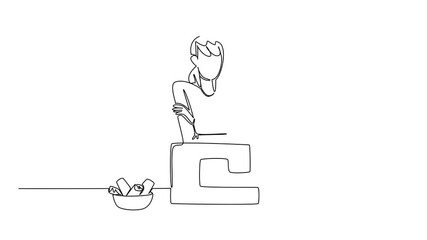 Animation of Honor National Sewing Machine Day with an industry concept cover in continuous line drawing, showing a woman seamstress seated by a machine and fabrics, skills. Full length motion