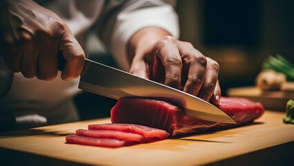 Chef slicing fresh tuna fish on wooden cutting board in kitchen