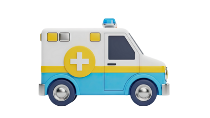 3D Cartoon ambulance with medical cross on transparent background