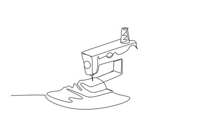 Animated self drawing of celebrate National Sewing Machine Day with an industry concept poster in single line drawing, featuring a vintage sewing machine beside textile rolls. Full length animation