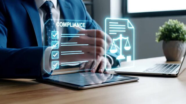 Close-up of a business professional ensuring regulatory compliance by checking a virtual checklist and legal document icon on a digital tablet in a modern office.