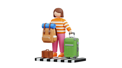 3D Cartoon Character with Luggage and Backpack on transparent background