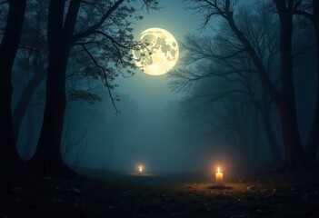 Fototapeta premium Enchanting Full Moon Over Misty Forest Silhouettes Nighttime Wonder Atmosphere Spooky Shadows