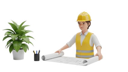 3D Cartoon construction worker reviewing blueprints with plant on transparent background