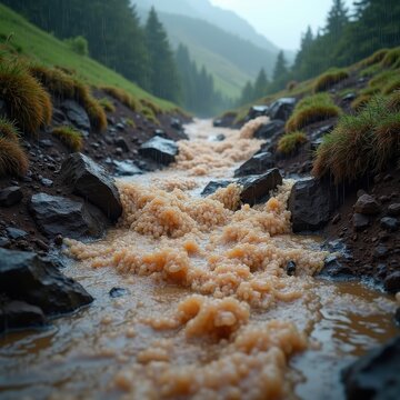 Dynamic Sludge Stream Cascading Down Soaked Slope During Intense Rainfall