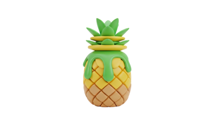 3D Cartoon Pineapple with Green Drip and Yellow Crown on transparent background