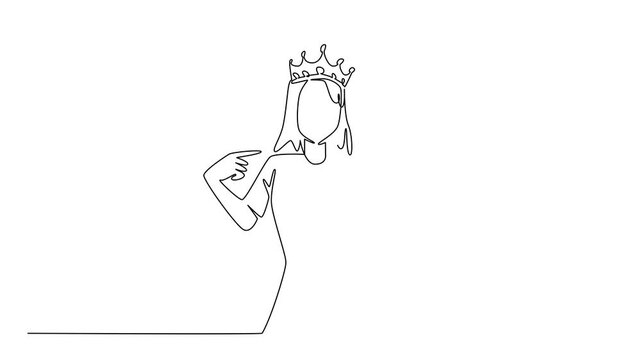 Animation of single line draw of a self confidence woman wearing a crown and pointing fingers at herself, self-affirmation, Health concept of International Albinism Awareness Day. Full length motion