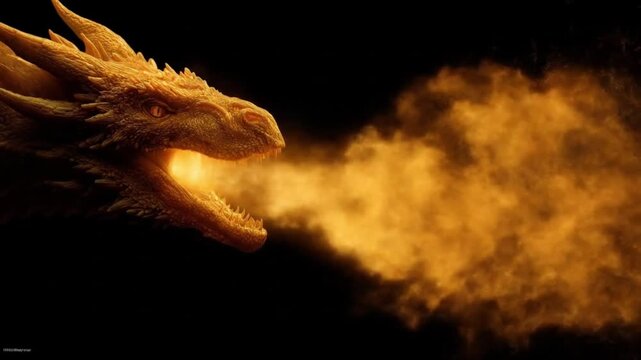 Dragon head on the left roars, spewing blazing gold fire across a dark, smoky void. Flames swirl air