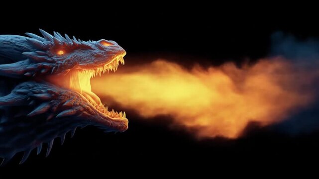 Blue-scaled dragon roars, spewing orange fire across a dark, smoky night. Enkindling shadows by heat