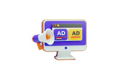 3D Computer Screen with Megaphone and Ads on transparent background