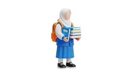 3D Girl in Hijab carrying books and backpack on transparent background
