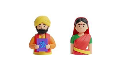3D Indian man and woman characters with Om symbol on transparent background