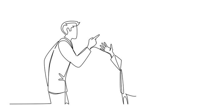 Animation of one line draw of two businessmen do argument, one pointing with hands raised in exasperation or defense, representing conflict, blame. National Blame Someone Else Day. Full length motion