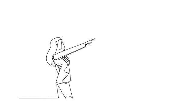 Self drawing animation of single line drawing of a businesswoman pointing at a giant finger and hand, accountability or a larger authority. National Blame Someone Else Day. Full length animated