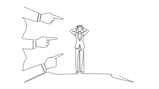 Animation of single line drawing of a distressed business woman clutching her head, surrounded by multiple hands pointing fingers at her. National Blame Someone Else Day. Full length motion