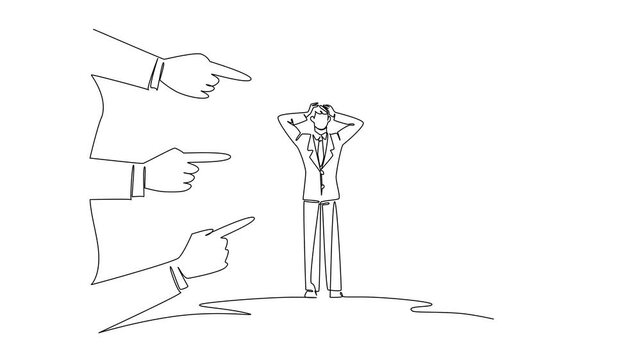 Animated self drawing of one line drawing of a distressed business man clutching his head, surrounded by multiple hands pointing fingers at him, National Blame Someone Else Day. Full length animation
