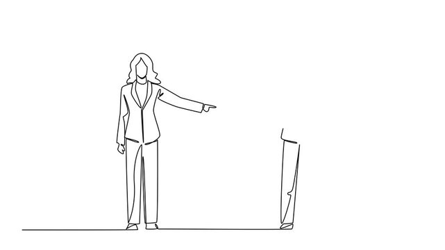 Self drawing animation of continuous line draw of two business women standing opposite each other, both pointing finger, mutual blame or conflict. National Blame Someone Day. Full length animated