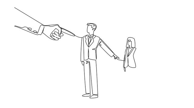 Animated self drawing of continuous line draw of giant hand pointing at line of three business people, who turn pointing. International event National Blame Someone Else Day. Full length animation