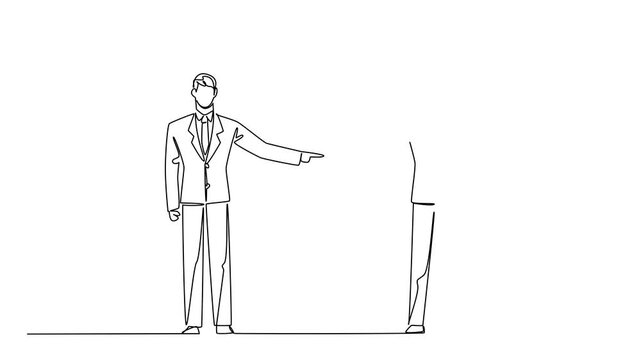 Animation of single line drawing of two business men standing opposite each other, both pointing fingers, representing mutual blame or disagreement. National Blame Someone Else Day. Full length motion