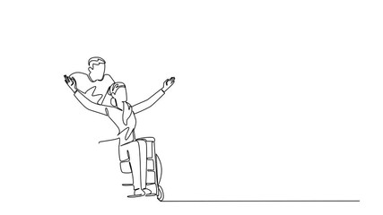 Animated self drawing of continuous line draw of man pushing a woman in wheelchair, with the woman raising her arms in joy or freedom. National Random Acts of Light Day. Full length animation