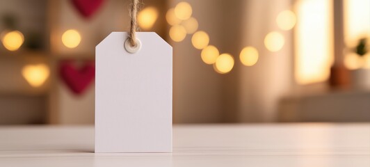 Blank white tag with twine string, creating copy space, on a table with warm bokeh lights and hearts, celebrating love