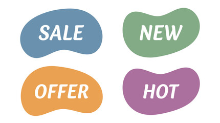 Colorful illustration of sale, new, offer, and hot badges on a white background from a straightforward viewpoint