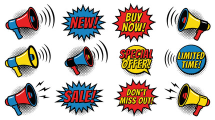 Vibrant Megaphones and Promotional Graphics Illustrating Sales and Limited Time Offers