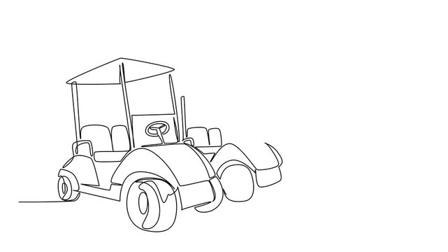 Animated self drawing of one line drawing of a row of three golf carts, receding into the distance, multiple player golfers, a fleet of carts. National Golf Cart Day event. Full length animation