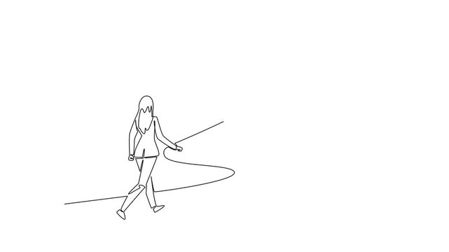 Animated self drawing of woman follows a winding arrow road in single line draw. National Productive Business Civility Day with a business, collaborative progress toward goals. Full length animation