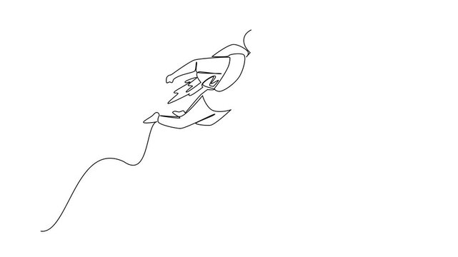 Animation of continuous line drawing of a businessman flying upwards with a jetpack on his back, representing quick career progression. National Productive Business Civility Day. Full length motion
