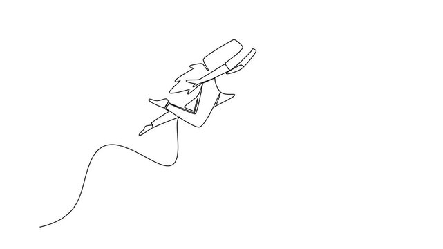Animated self drawing of single line drawing of a businesswoman flying upwards with a jetpack on her back, rapid career advancement. National Productive Business Civility Day. Full length animation