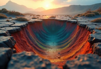 Sudden Crater Collapse Scene with Exposed Earth Layers and Intricate Geological Patterns