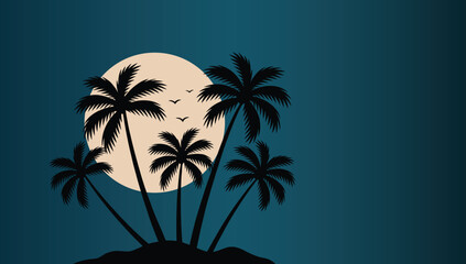 A serene tropical landscape at night with palm trees in silhouette against a large moon and dark blue sky silhouette