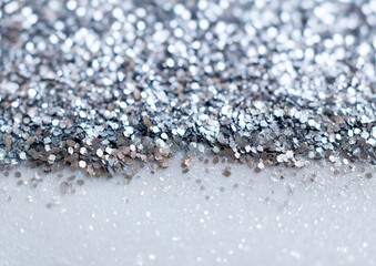 Silver glitter creating a textured, shimmering background with bright sparkle and ample copy space for design or text